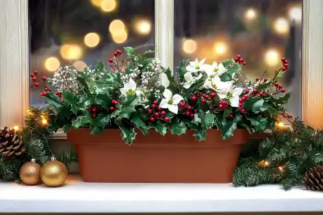 Festive holiday planter with ivy, white cyclamen, and red berries against a backdrop of twinkling lights