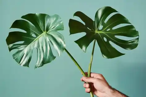 Hand holding vibrant green monstera leaves against a light teal background