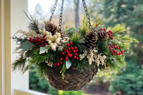 Hanging holiday arrangement with pinecones, red berries, and evergreen sprigs, creating a festive natural decor