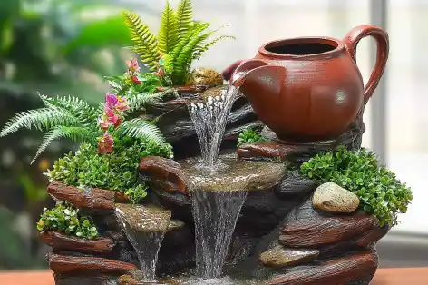 Indoor tabletop fountain with flowing water, rocks, and greenery