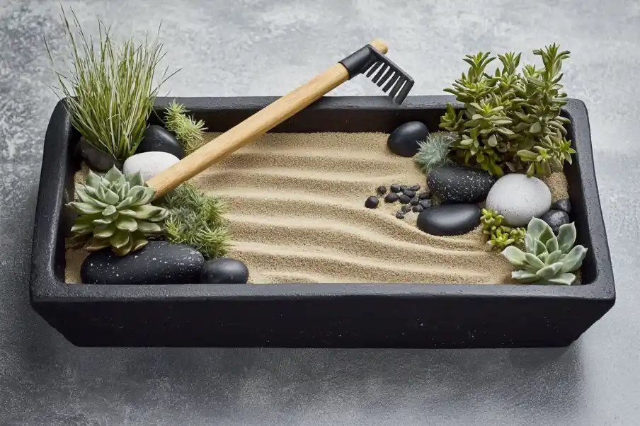 Miniature zen garden with sand, succulents, rocks, and a tiny rake