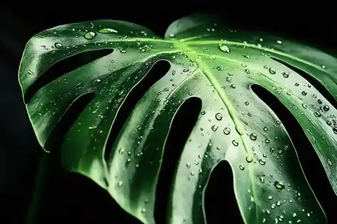 Monstera leaf with water droplets, highlighting its deep green color and natural fenestrations against a black background