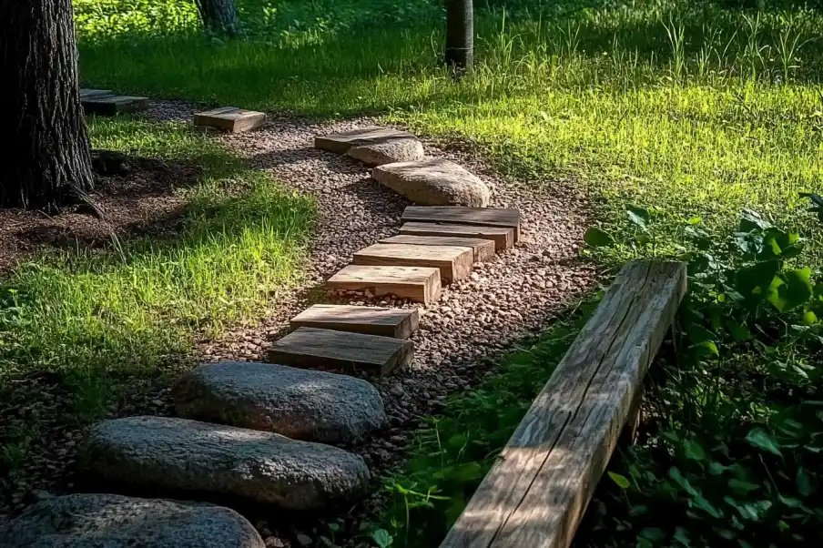 Nature-inspired garden path with sections of stones, logs, and wooden planks, blending seamlessly into the grassy landscape