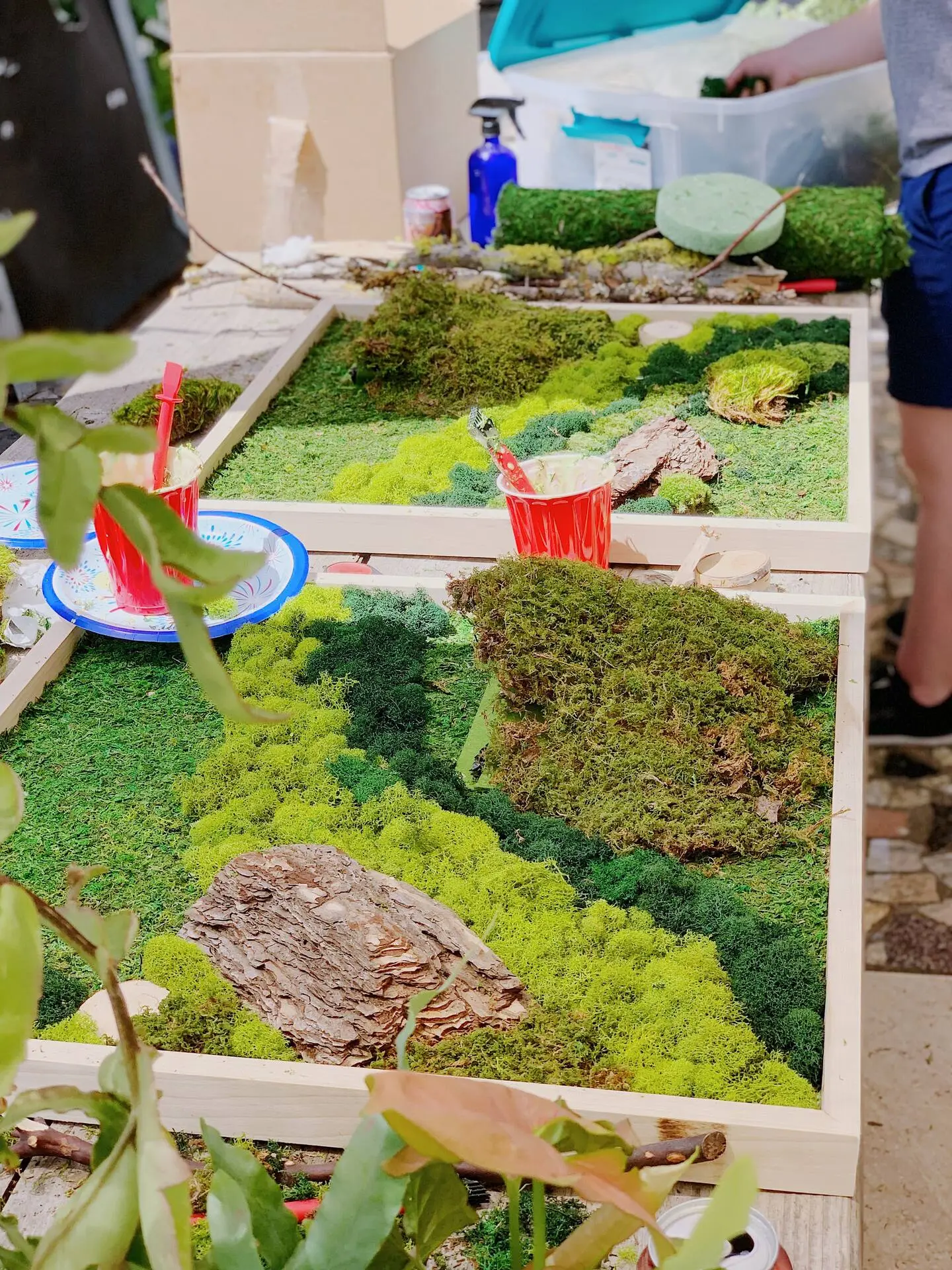 Nature-inspired-moss-art-in-progress-with-vibrant-green-moss-bark-and-crafting-tools-on-a-table