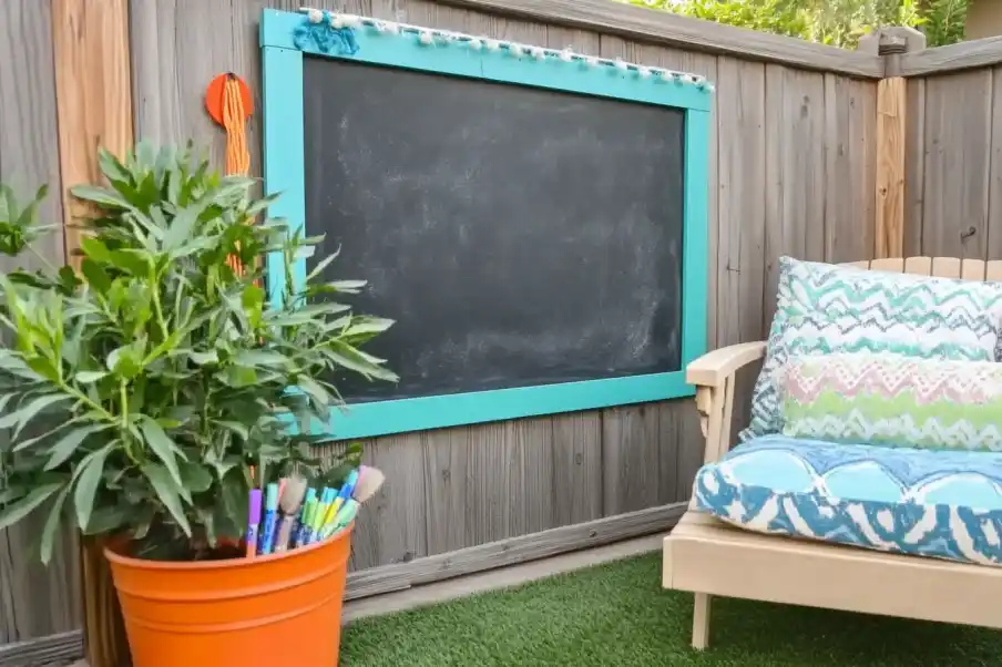 Outdoor chalkboard mounted on a wooden fence, with colorful bucket accessories and cozy seating nearby