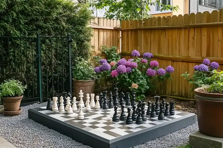 Outdoor chessboard setup in a garden, surrounded by lush greenery and vibrant planters for a playful, inviting atmosphere