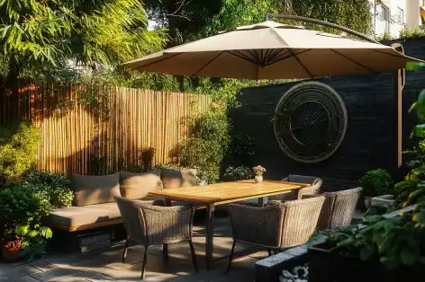 Outdoor patio with dining area under a canopy, surrounded by greenery and a circular opening in a stone wall.