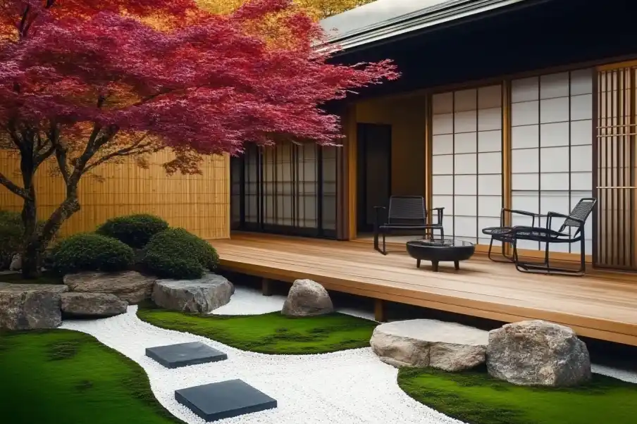 Peaceful Japanese garden with a red maple tree, stepping stones, and a minimalist outdoor seating area