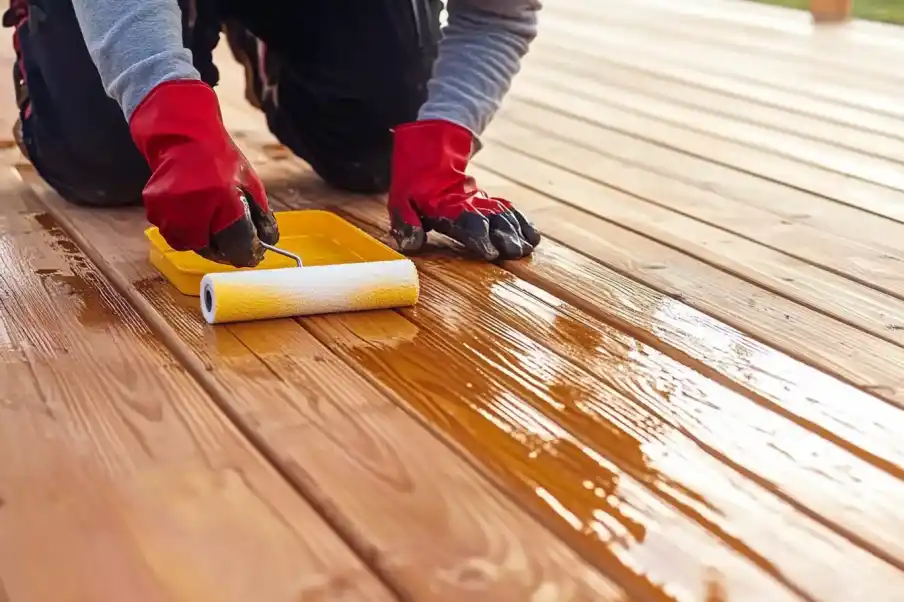 Person applying wood stain to a deck with a paint roller, wearing red gloves for protection.