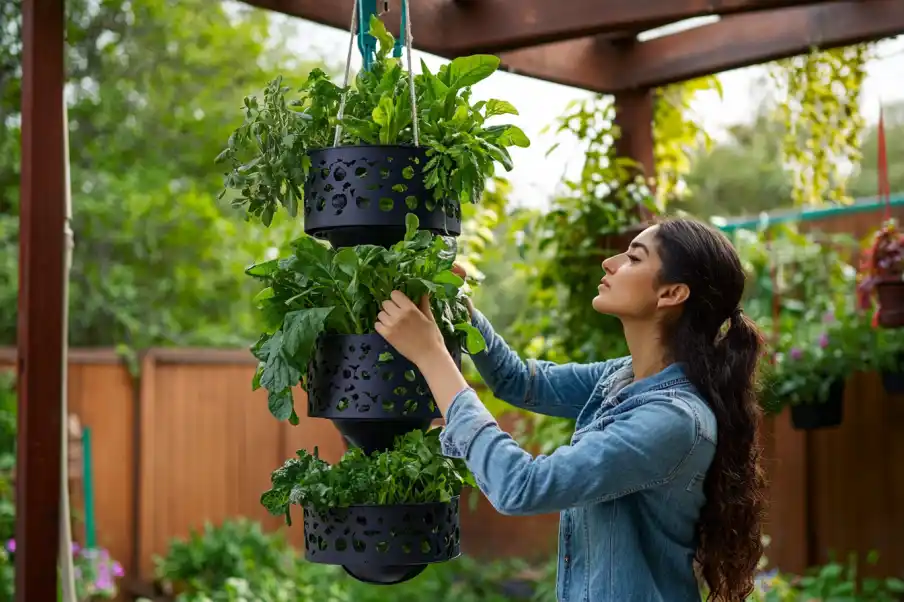 Person tending to a vertical garden with stacked planters in an outdoor setting.