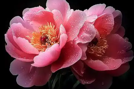 Pink peonies with water droplets on petals against a dark background