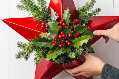 Red star-shaped holiday decoration filled with evergreen branches and bright red berries for festive wall decor