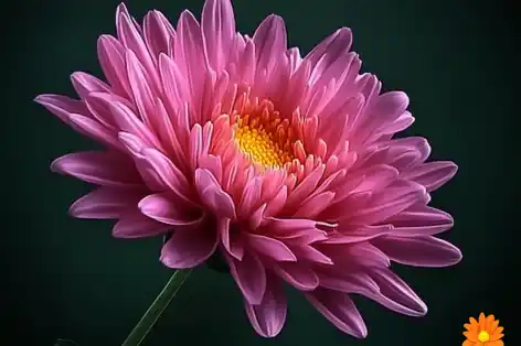 Single vibrant pink chrysanthemum flower with yellow center, set against a dark green background, highlighting its delicate petals and natural beauty