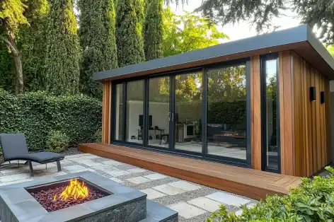 Sleek small garden with a glass-walled room, wood accents, and a modern fire pit centerpiece