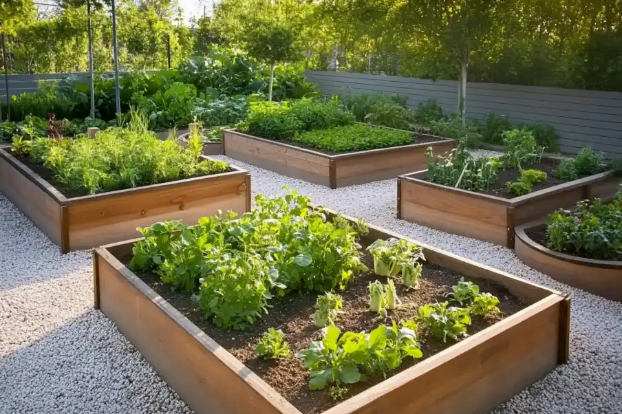 Sunlit raised garden beds with a variety of herbs and vegetables, bordered by gravel pathways.