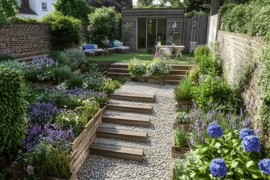 Terraced garden with stone steps, lush greenery, and a small seating area leading to a shed