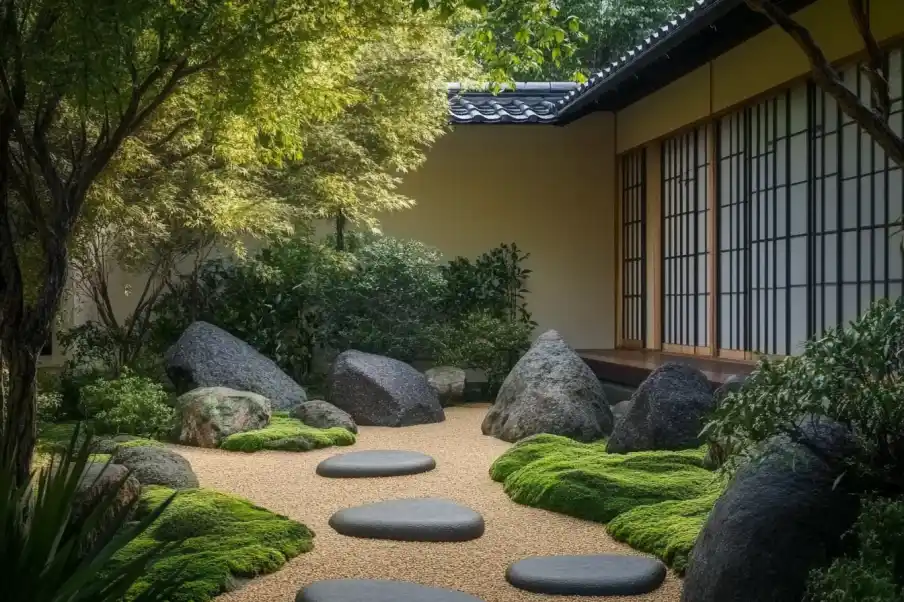 Tranquil Japanese garden with stepping stones, moss-covered rocks, and lush greenery