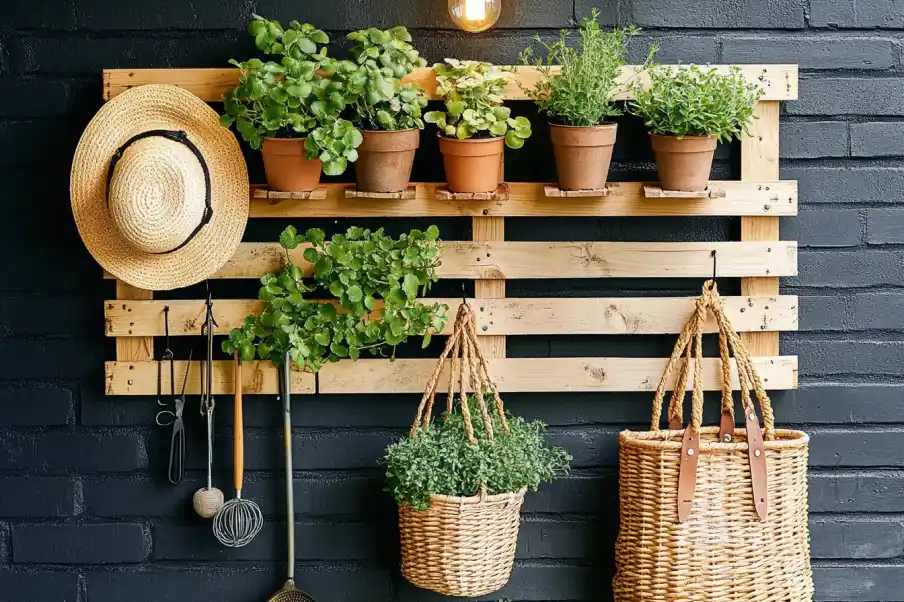 Upcycled wooden pallet used as a wall organizer for garden tools, plants, and decor items, adding a rustic touch to an outdoor space