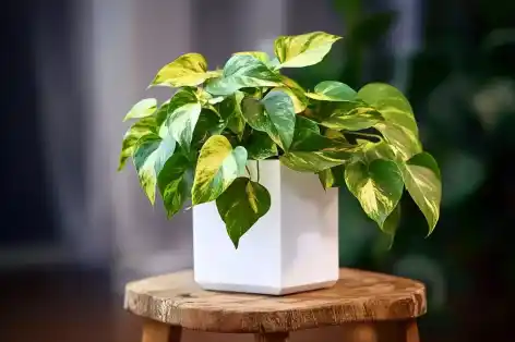 Variegated pothos plant in a white pot, showcasing vibrant green and yellow foliage on a wooden table, perfect for indoor decor