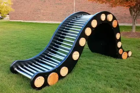 Wave-shaped roller slide structure on a grassy playground, featuring metal rollers and wooden accents for climbing and sliding