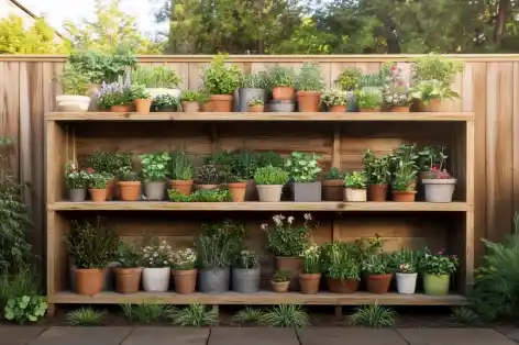 Wooden shelving unit filled with various potted plants and herbs in a garden