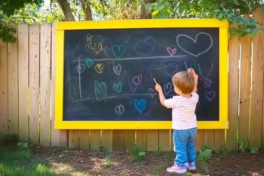 Young child drawing on a large outdoor chalkboard framed in bright yellow