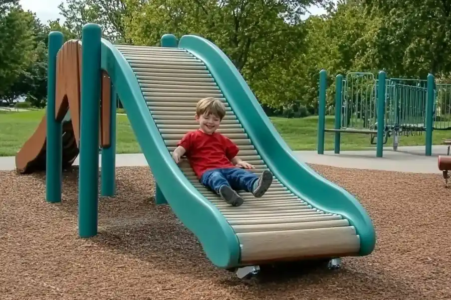 Young child sitting on a playground roller slide with metal rollers, enjoying a gentle ride down