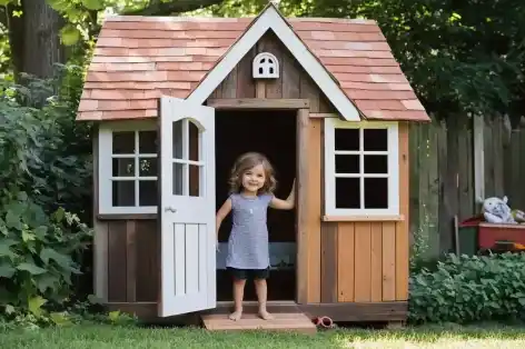 Young child standing at the door of a charming wooden playhouse with decorative windows, enjoying a sunny day in the backyard