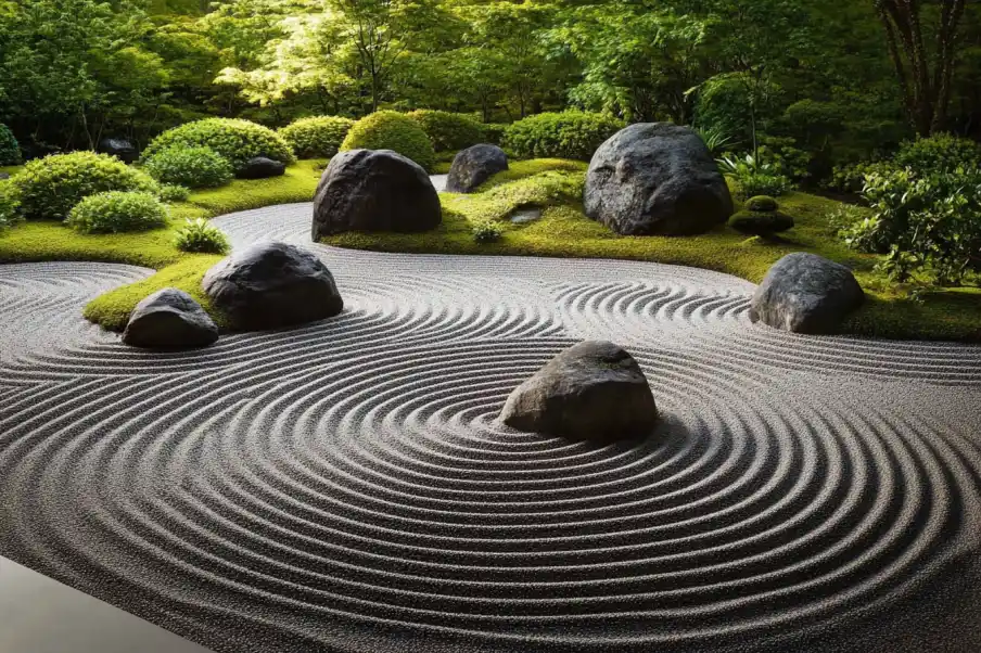 Zen garden with raked sand patterns around large rocks and lush green moss