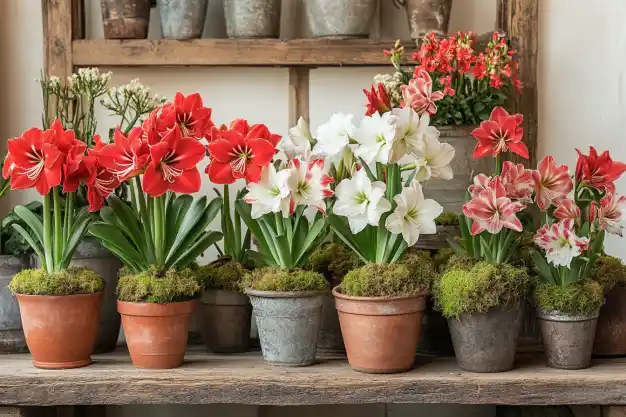 Vibrant red, white, and pink amaryllis flowers in rustic pots, arranged on a wooden shelf with moss accents