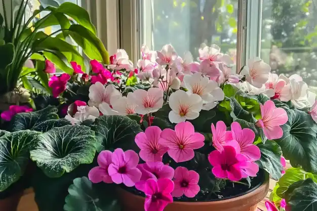 A vibrant display of pink and white geraniums blooming in a pot near a sunny window, surrounded by lush green foliage.