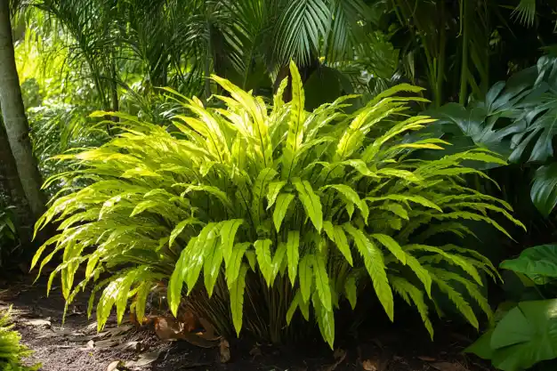 A radiant clump of bright green fern-like foliage growing in a shaded tropical garden. The plant's vibrant leaves contrast beautifully against the darker green foliage of surrounding plants and the rich, dark soil, creating a lush and tranquil jungle atmosphere.