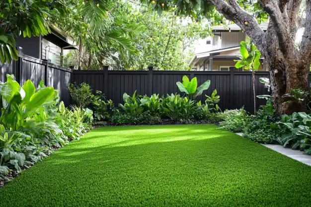 A lush backyard with a perfectly manicured green lawn surrounded by tropical plants and greenery. The space is enclosed by a dark wooden fence, with a large tree on the right providing shade. A cozy house with a modern design is visible in the background, nestled amidst the serene garden setting.