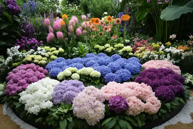 A beautifully designed flower bed featuring vibrant hydrangeas in shades of blue, pink, purple, and white, surrounded by colorful flowers and lush greenery.