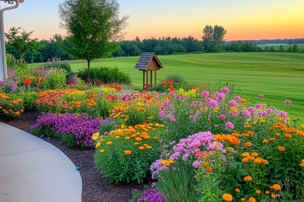 Colorful flower garden with a birdhouse overlooking a vast green field at sunset.