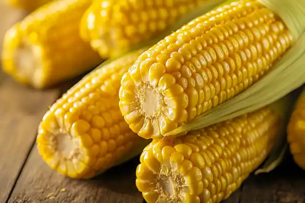 Close-up of fresh, golden-yellow corn on the cob with husks partially peeled, arranged on a wooden surface.