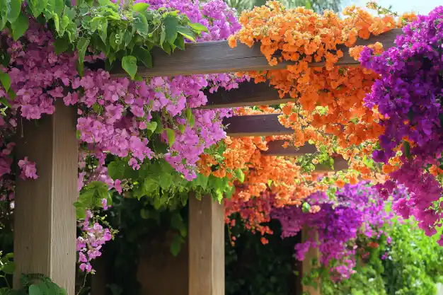 A wooden pergola adorned with vibrant cascades of purple, pink, and orange bougainvillea flowers, creating a colorful and lush garden canopy.