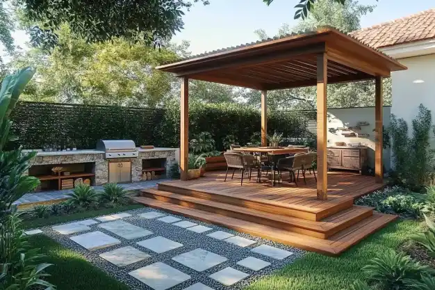 A stylish backyard wooden deck with a pergola covering an outdoor dining area, surrounded by lush greenery, stepping stones, and a built-in barbecue station.