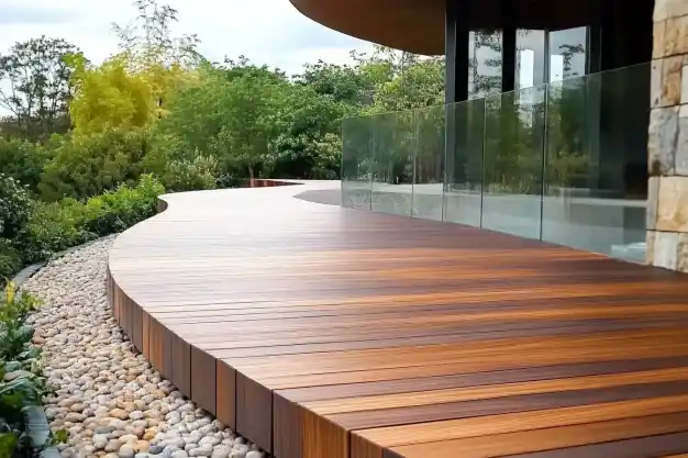 A modern curved wooden deck with polished planks, bordered by smooth river rocks and surrounded by lush greenery, with glass railings enhancing the contemporary aesthetic.