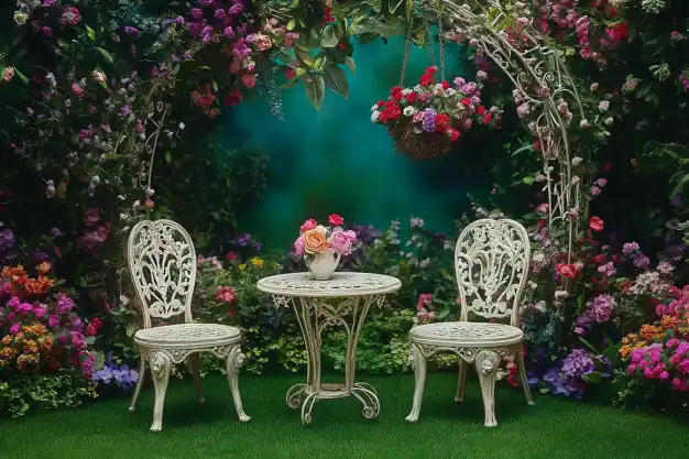 A charming garden setting with a vintage white wrought iron table and matching chairs placed on lush green grass. The backdrop features an arch adorned with colorful hanging flowers and blooming plants in vibrant shades of pink, purple, and red.