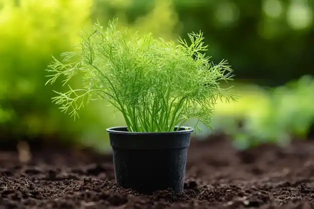 A small black pot containing a lush, green dill plant, set on rich soil with a blurred garden background.