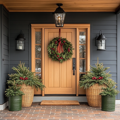 Charming holiday front porch with a natural wood door adorned by a festive wreath, flanked by rustic baskets holding evergreen arrangements for a cozy seasonal welcome