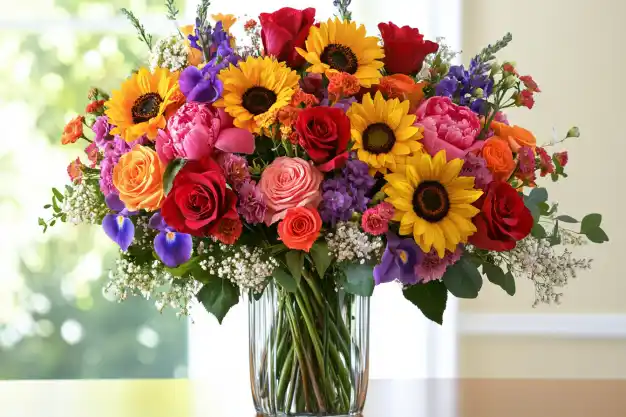 A vibrant floral arrangement in a glass vase featuring sunflowers, red and pink roses, purple irises, and other colorful blooms, creating a cheerful and elegant display indoors.