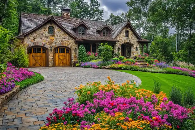 A charming stone cottage surrounded by vibrant flower beds featuring pink, orange, and yellow blooms, with a paved driveway and lush green lawn. Tall trees frame the picturesque setting.