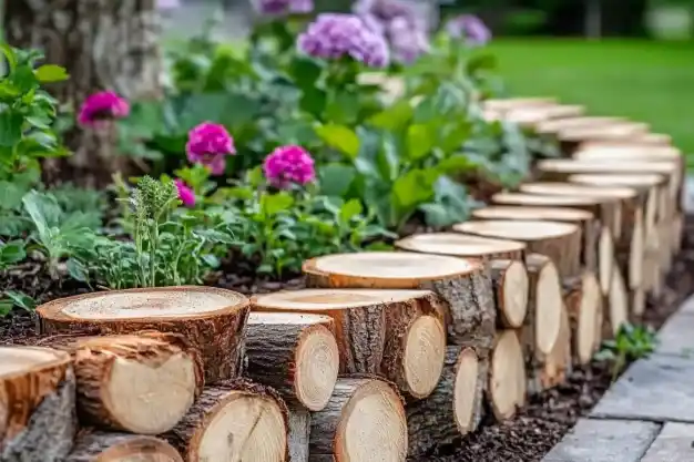 Close-up of a garden edge creatively designed with cut logs, showcasing colorful pink flowers and lush greenery in the background, adding a rustic charm to the outdoor space.