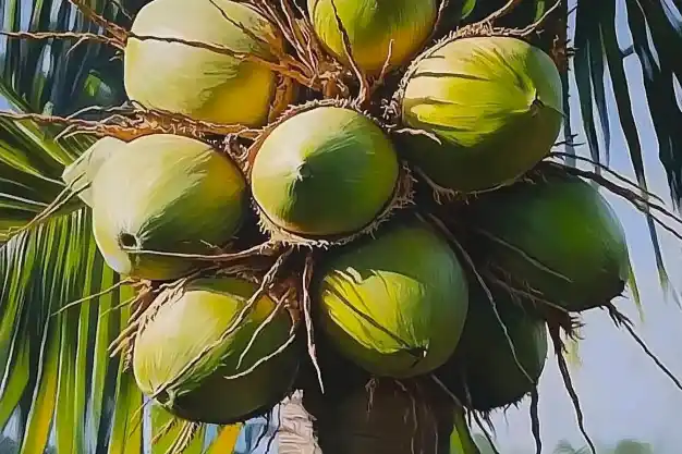 Cluster of green coconuts growing on a palm tree, surrounded by lush palm fronds in sunlight