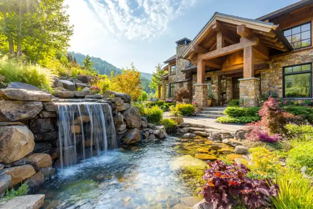 Natural stone waterfall feature in a landscaped garden in front of a rustic house, surrounded by lush greenery.