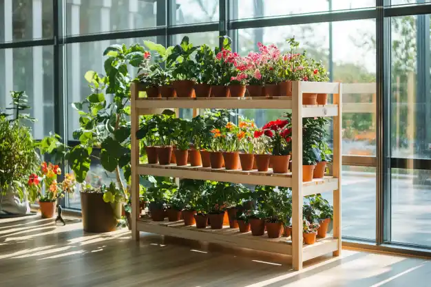 Indoor plant wall with multiple wooden shelves filled with lush green plants in terracotta pots, bathed in natural sunlight from a nearby window.