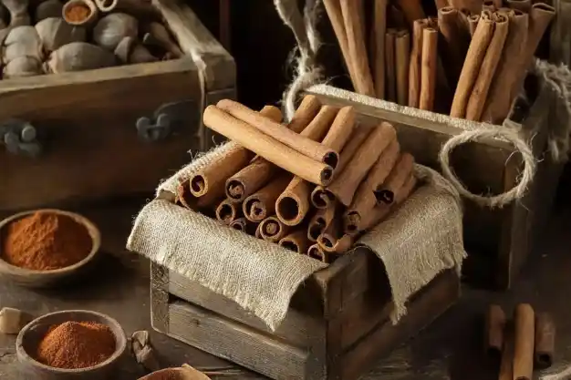 A rustic arrangement of cinnamon sticks neatly stacked in a wooden crate lined with burlap fabric, surrounded by bowls of ground cinnamon and whole nutmeg on a wooden table.