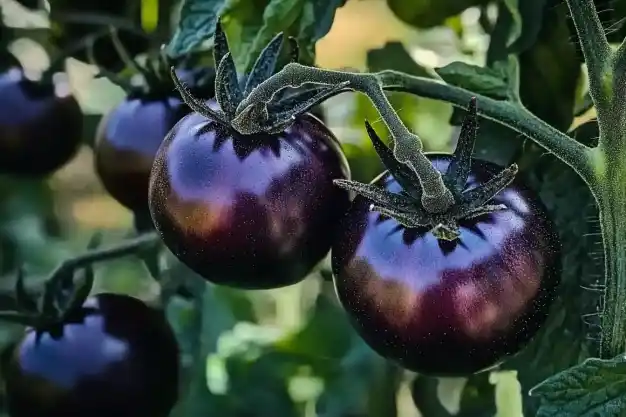 Close-up of ripe dark black tomatoes on the vine, surrounded by green leaves in natural sunlight.